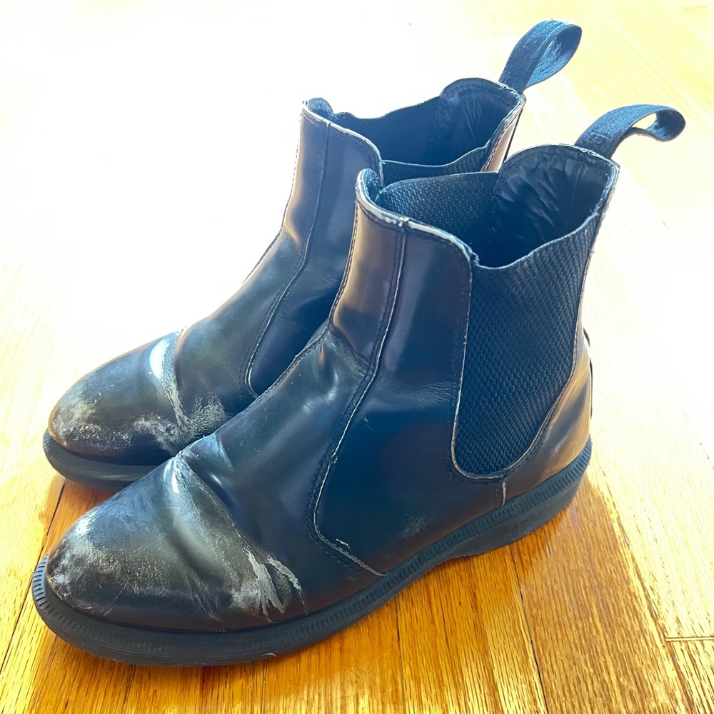 Well-loved Worn Black Dr. Martens Flora Chelsea Boots